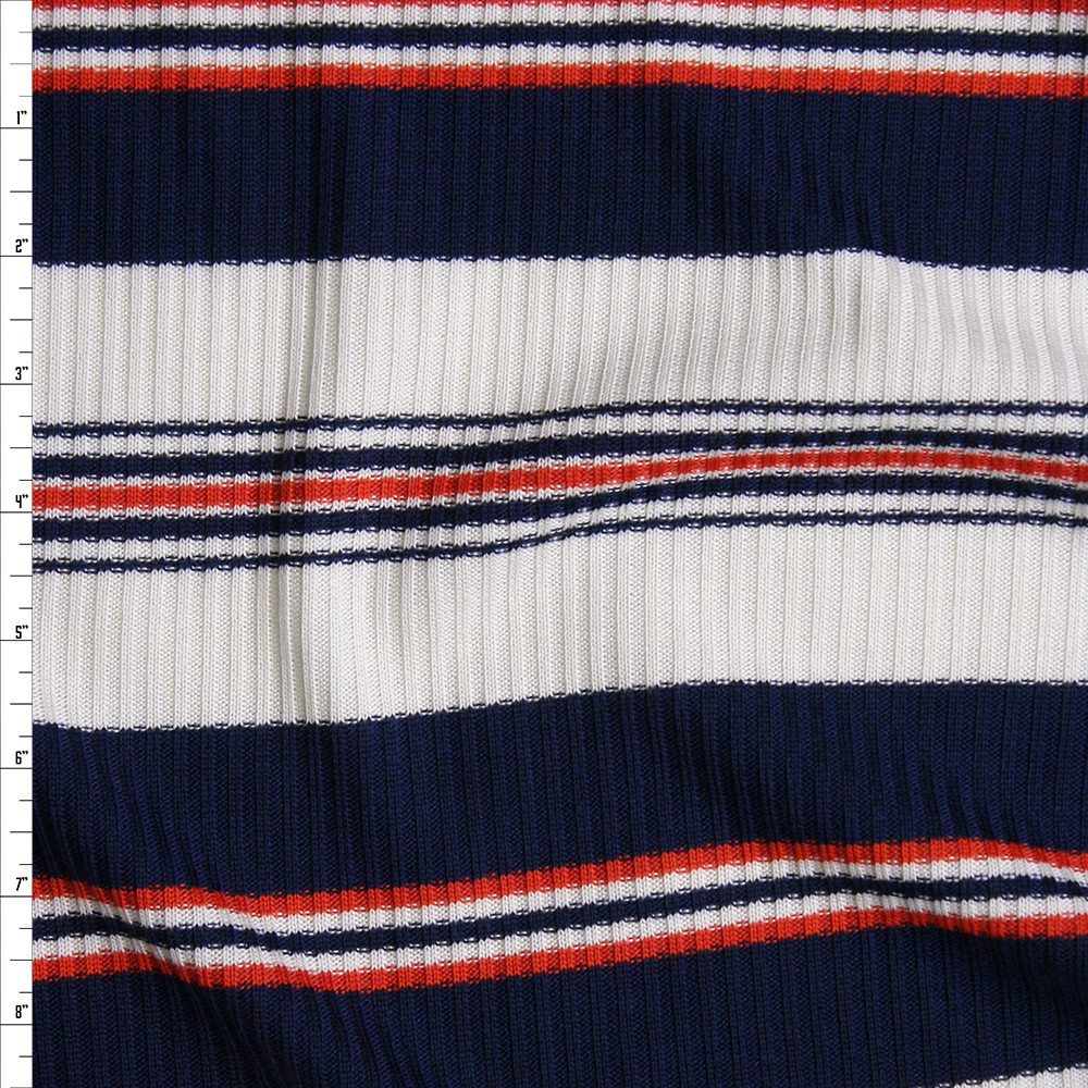 Cali Fabrics Navy, White, and Orange Horizontal Stripe Ribbed Sweater ...