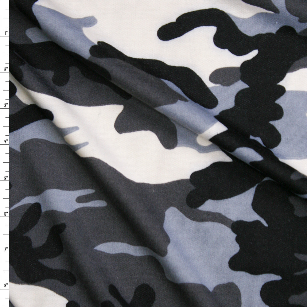 Cali Fabrics Black, White, and Grey Camouflage French Terry Fabric by ...