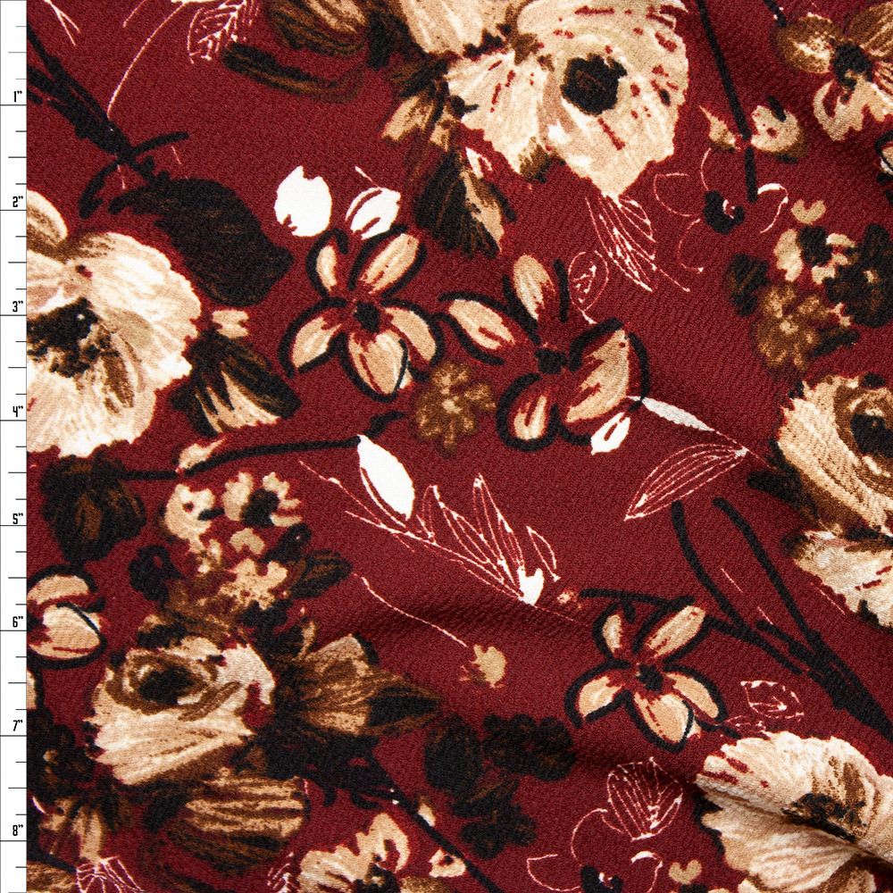 Cali Fabrics Tan, Black, and White Mixed Floral on Burgundy Liverpool ...