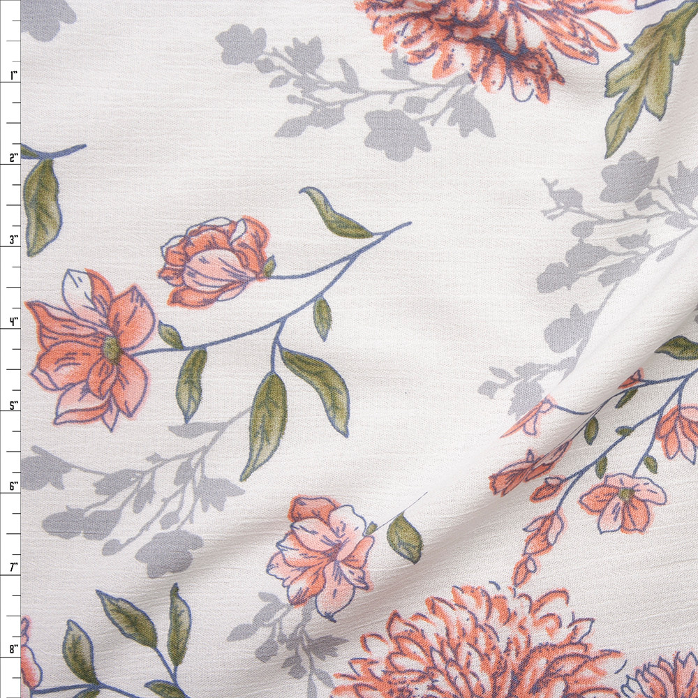 Cali Fabrics Pink, Grey, and Green Watercolor Floral on White Rayon ...