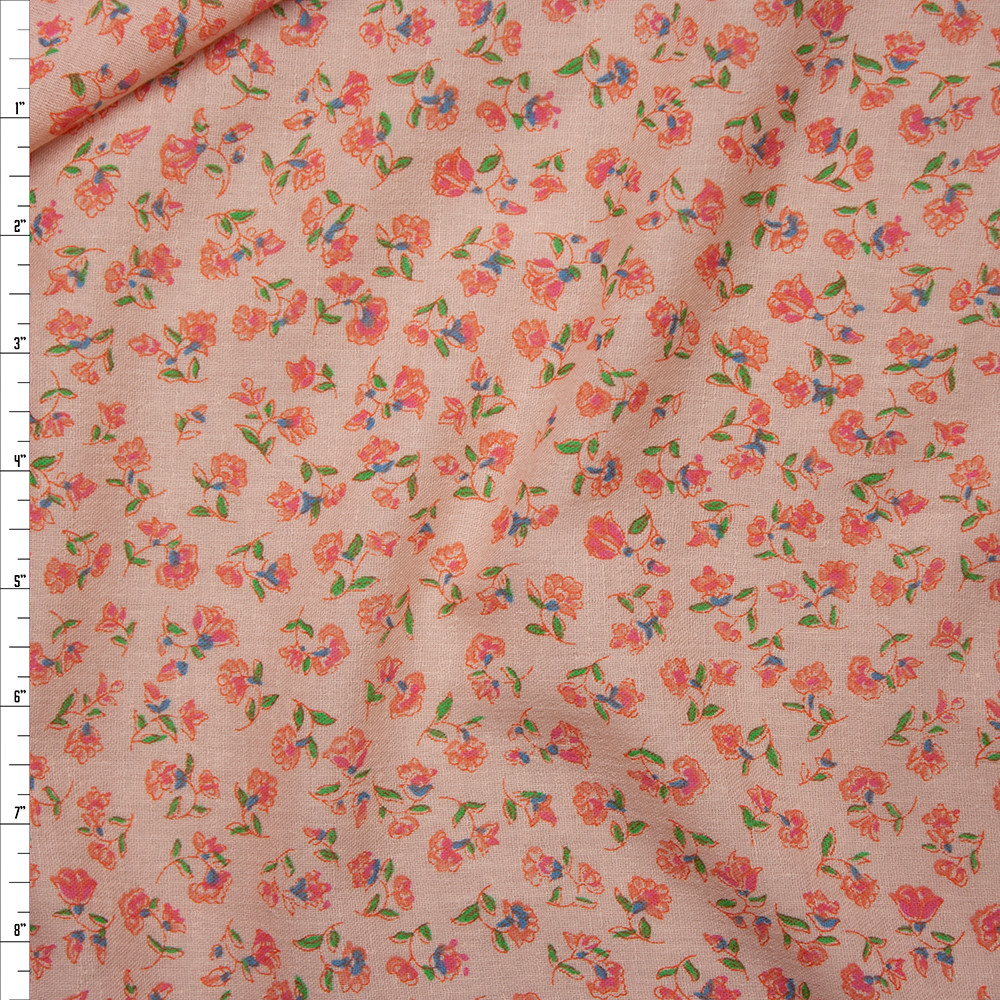 Cali Fabrics Pink, Blue, Green, and Orange Floral on Pink Cotton Gauze ...