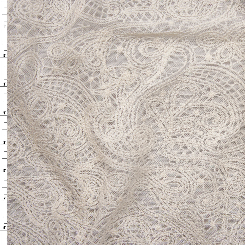 Cali Fabrics Ivory Embroidered Paisley on Ivory Soft Mesh Fabric by the ...