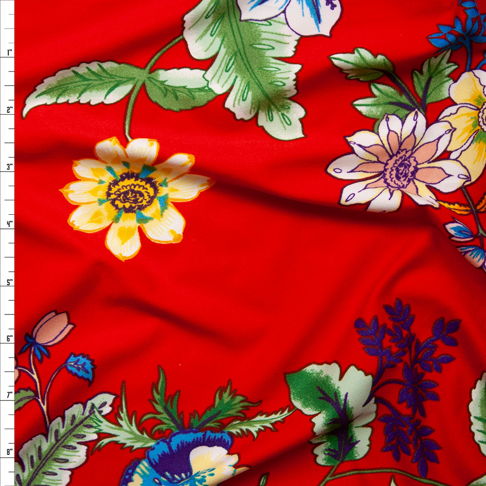 Cali Fabrics Summer Floral on Bright Red Double Brushed Poly Spandex ...