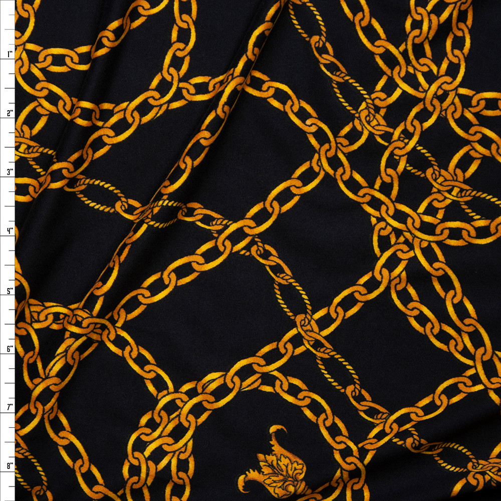 Cali Fabrics Gold Chains on Black Double Brushed Poly/Spandex Knit Fabric by the Yard