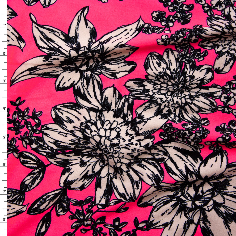 Cali Fabrics Black and White Sketchbook Floral on Neon Pink Double ...