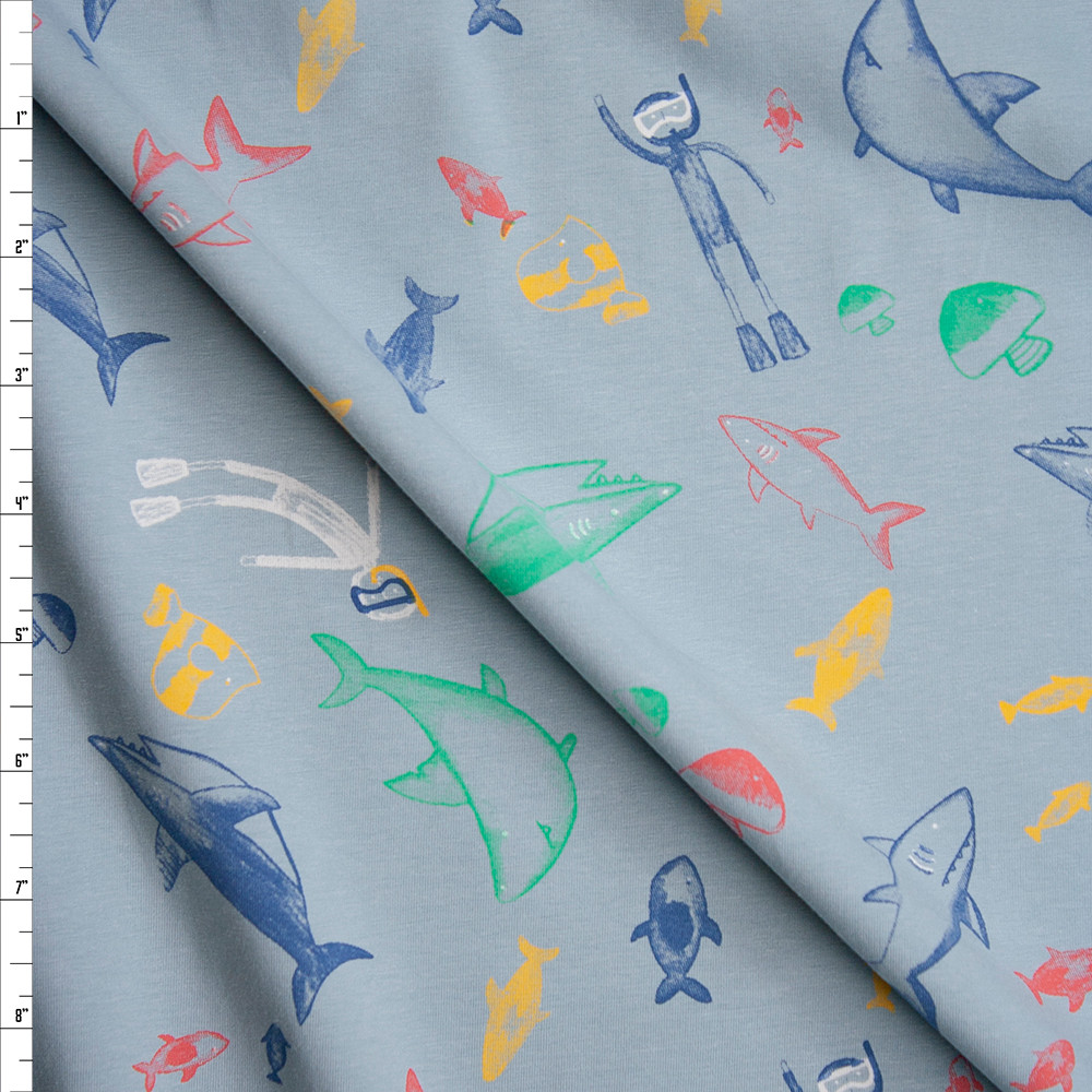 Cali Fabrics Divers and Sharks on Light Blue Stretch Cotton Jersey Knit