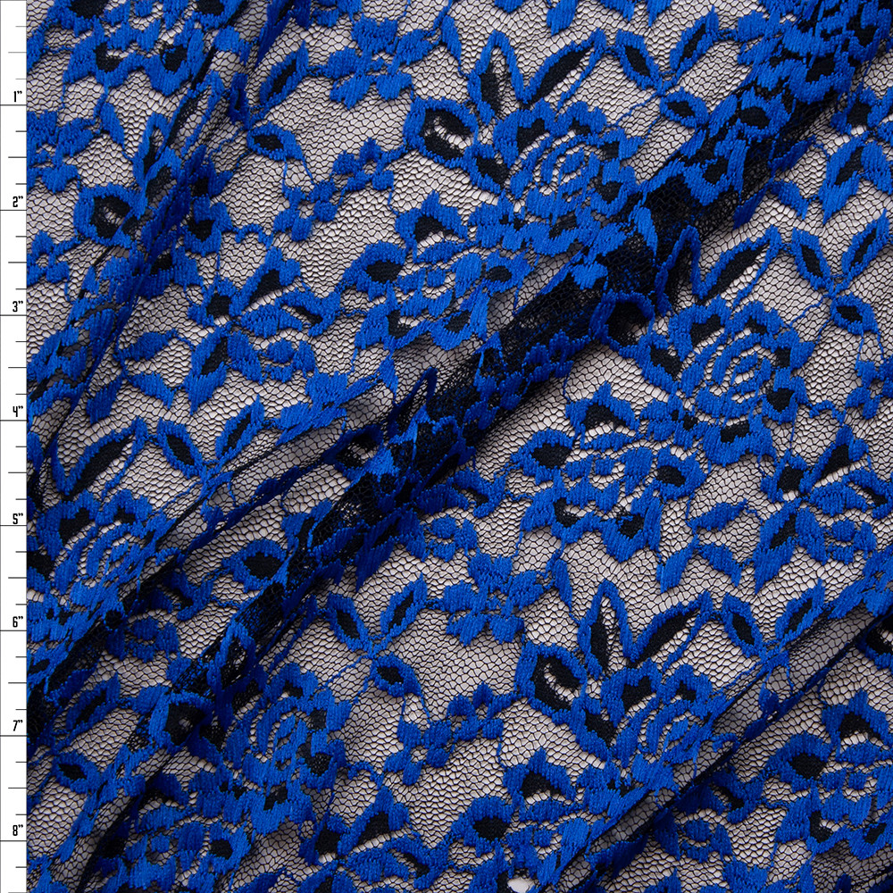 Cali Fabrics Royal Blue on Black Floral Lace Fabric by the Yard