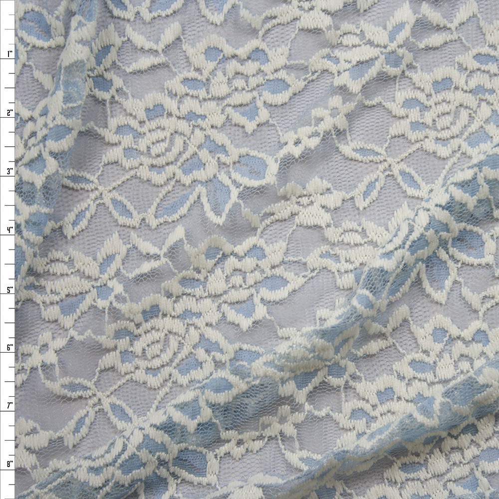 Cali Fabrics Offwhite Floral on Light Blue Lace Fabric by the Yard