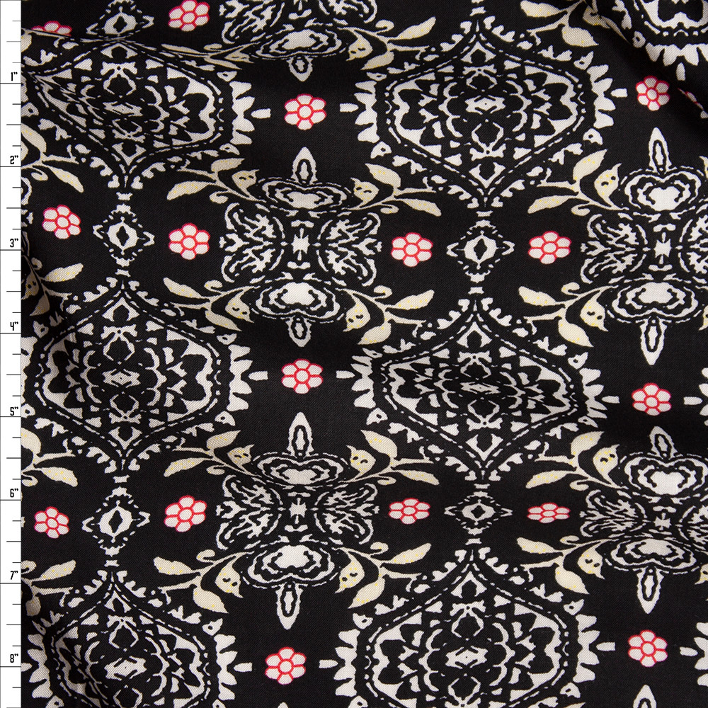 Cali Fabrics White, Black, Red, and Ivory Floral Medallion Print Rayon ...