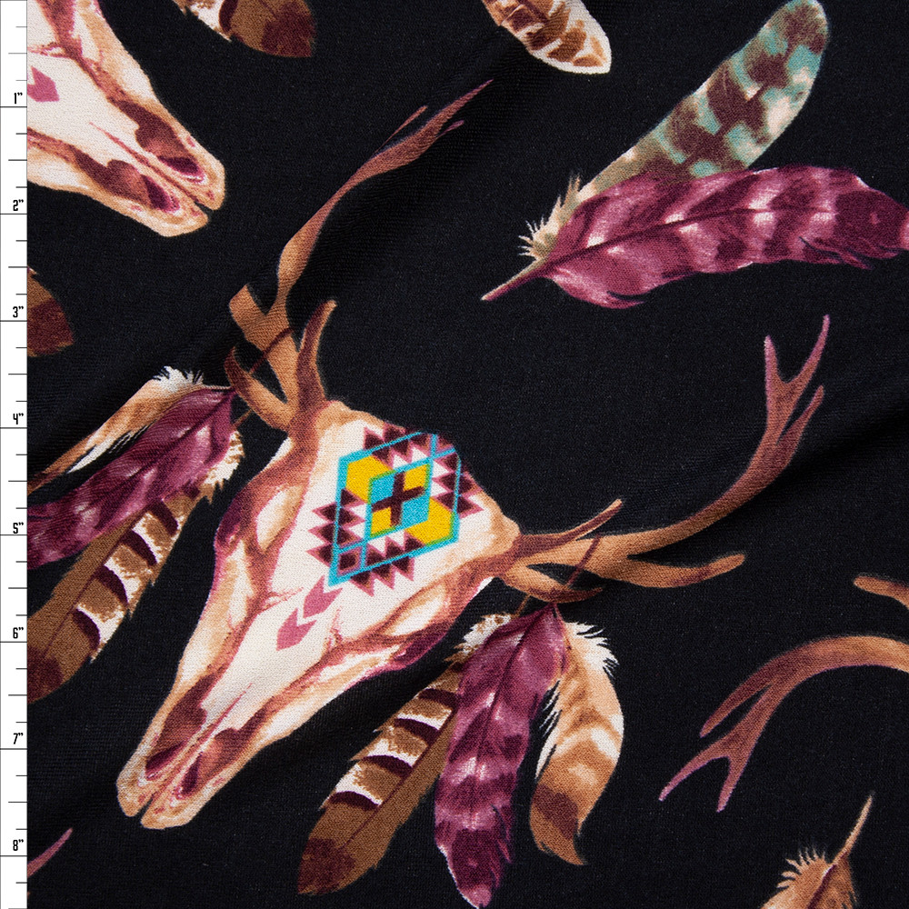 Cali Fabrics Feathered Deer Skulls on Black Soft Sweater Knit Fabric by