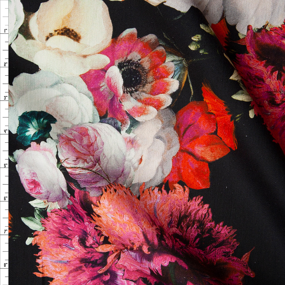 Cali Fabrics Vibrant Large Floral on Black Designer Stretch Twill ...