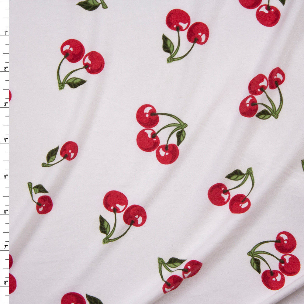 Cali Fabrics Cherries on Offwhite Double Brushed Poly/Spandex Fabric by ...