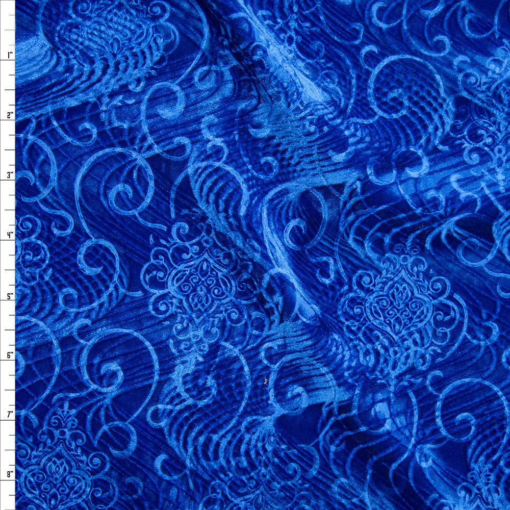 Royal Blue Layered Swirls Embossed Stretch Velvet