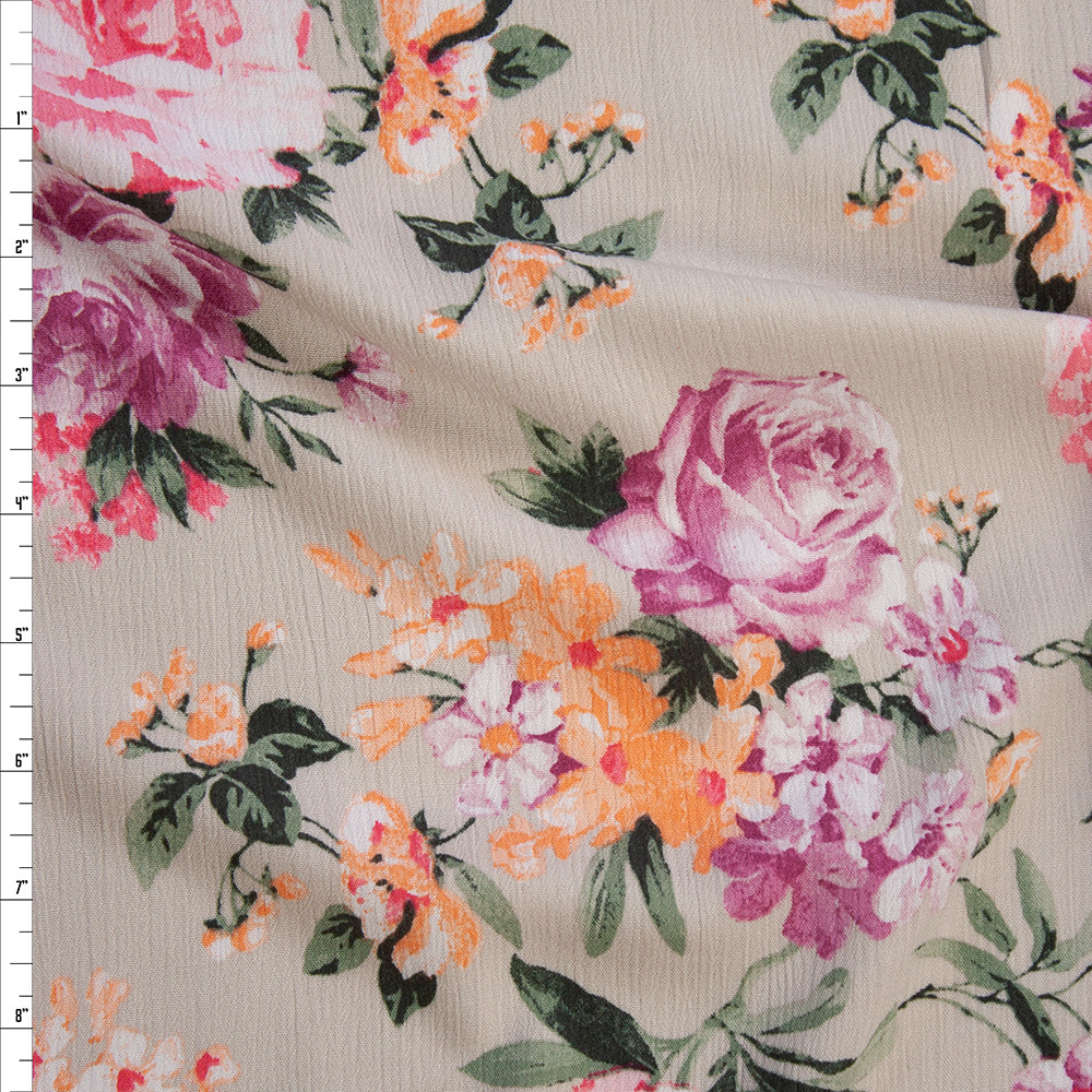 Cali Fabrics Peach, Pink, and Purple Rose Floral on Light Tan Rayon ...