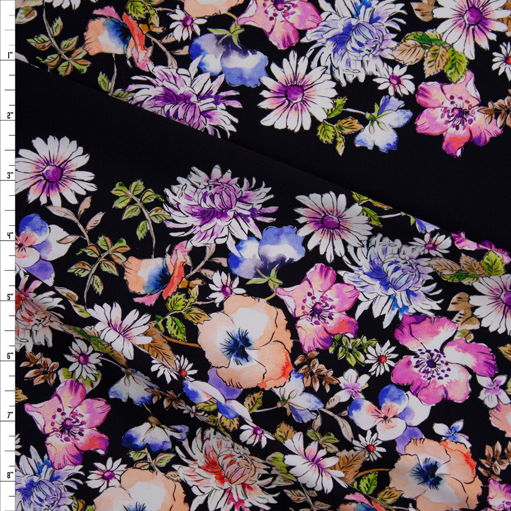 Cali Fabrics Watercolor Wide Floral Horizontal Stripe on Black Designer ...