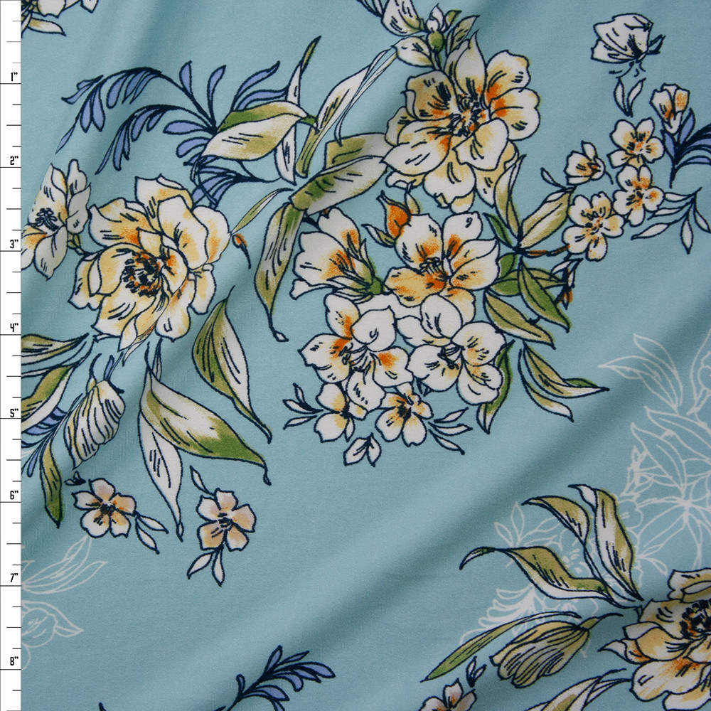 Cali Fabrics Scrolling Yellow and Green Floral on Aqua Double Bushed ...
