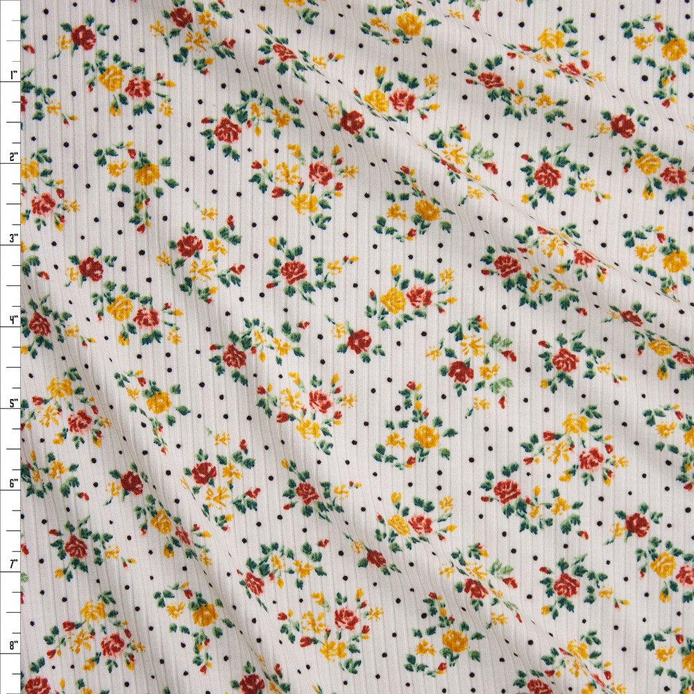 Red, Yellow, and Green Ditzy Floral and Dots on Warm White Stretch Rib Knit