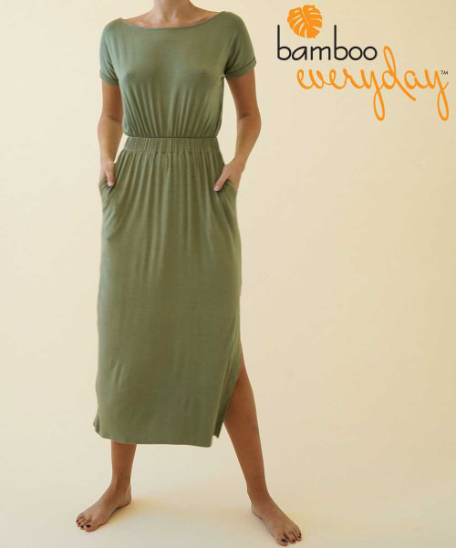 Bamboo Everyday Side Slit Palm Pleat Dress in Olive You