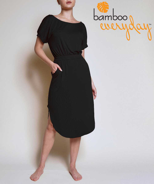 Bamboo Everyday Cute & Classic Pleated Puff Sleeve Dress in Black