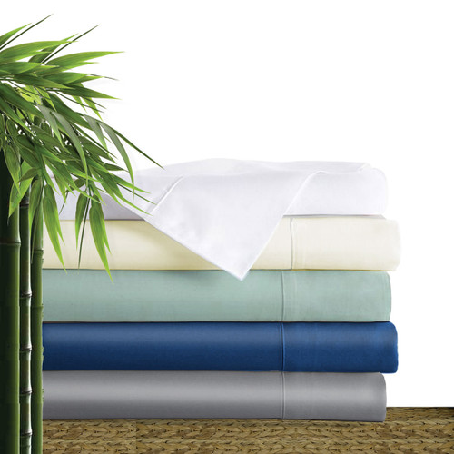 Bliss Villa Eco-Luxe Oversized 100% Bamboo Sheet Sets. 18" extra deep pocket fitted sheet, oversized flat sheet and two pillow cases per set. Available in 5 colors and 6 sizes. silver sky, ivory, white, platinum gray and caribbean blue. Sizes include: extra long twin, full/double, queen, king, california king and split king.