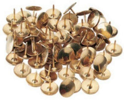 CW Office ValueX Drawing Pin 11mm Brass PK100, a pile of brass drawing pins with sharp pointed ends and round heads for office or craft use.