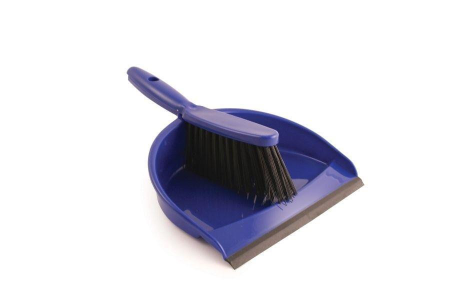 CW Office ValueX Dustpan & Soft Brush Set Blue, blue dustpan with a black brush for cleaning floors and surfaces.