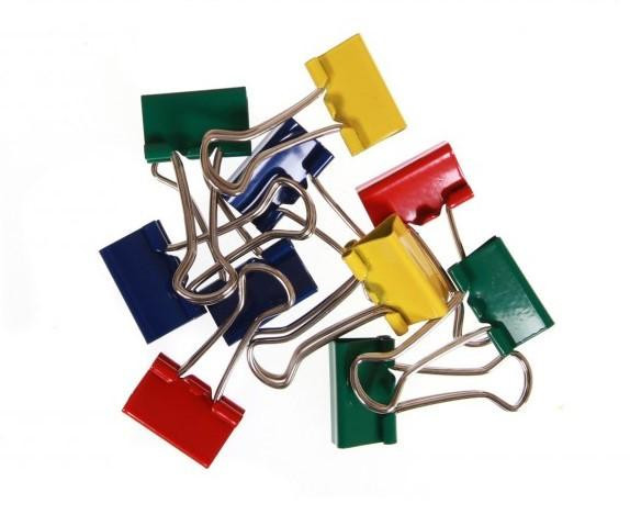 CW Office ValueX Foldback Clip 19mm Assorted Colors PK50, colorful metal binder clips for office use scattered on a white background.