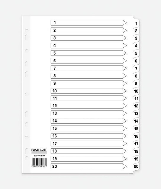 CW Office ValueX Index Mylar 1-20 A4 WH, index tabs with numbered labels from 1 to 20 for organizing documents.