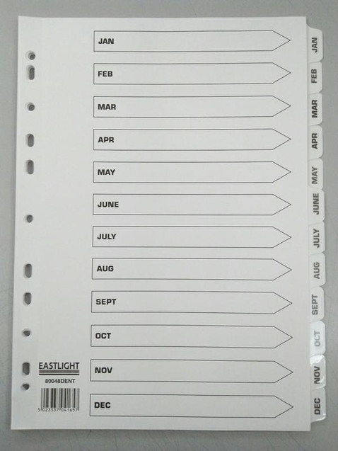 CW Office ValueX Index Mylar Jan-Dec A4 WH, laminated index pages with month labels for organizing documents from January to December.