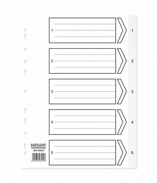 Product CW Office ValueX Index PP 1-5 A4 WH, white index tabs with numbered labels from 1 to 5 for organization and filing.