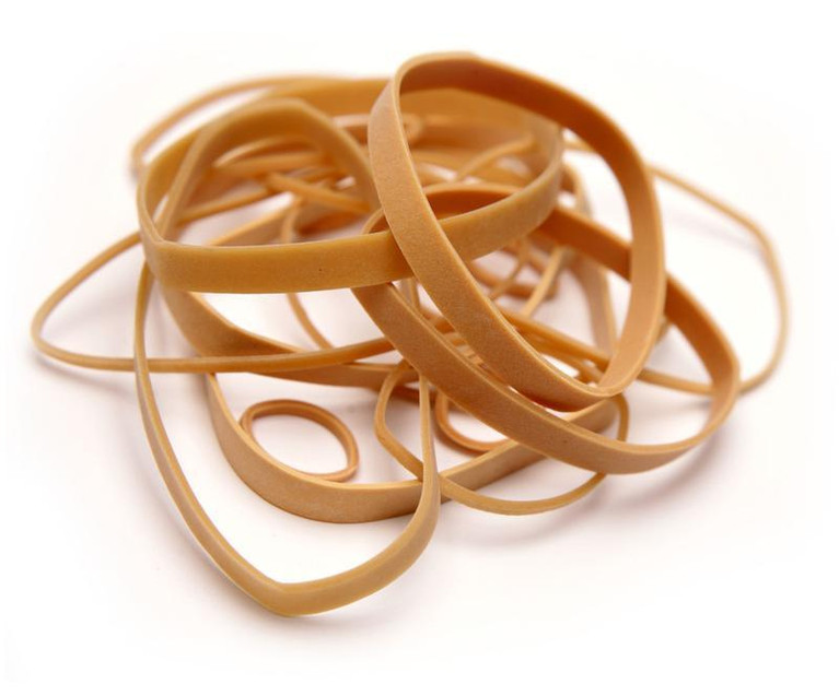 CW Office ValueX No 32 Rubber Bands 454g Bag, close-up of tan rubber bands bundled together on white background.