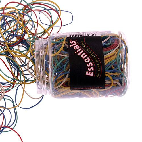 CW Office ValueX Rubber Band Asst Clr&Sizes 75g, assorted colorful rubber bands spilling from a clear plastic jar.