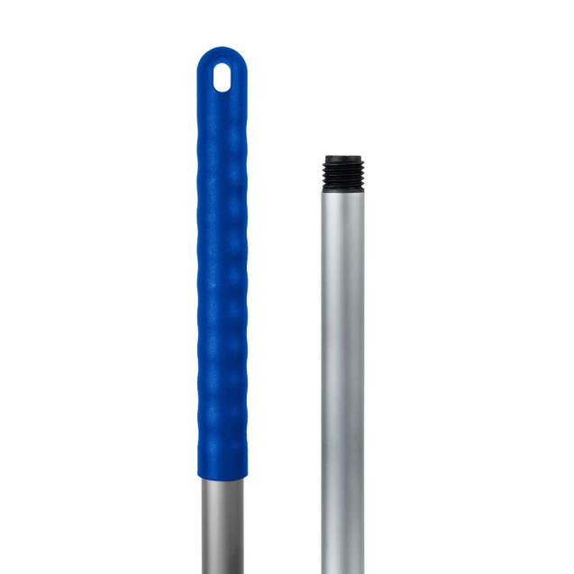 CW Office ValueX Socket Mop Handle Aluminium Blue, close-up of a blue handle with a textured grip alongside a silver aluminium pole with black threading.