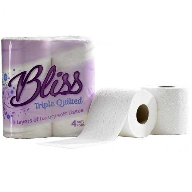 CW Office ValueX Triple Quilted WH T/Roll PK40, image of two white 3-layer soft toilet paper rolls with embossed pattern, and packaging with purple and white design