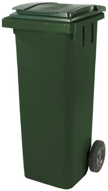 CW Office ValueX Wheelie Bin Green 140L, image of a large green wheeled waste bin with a removable lid for garbage collection.