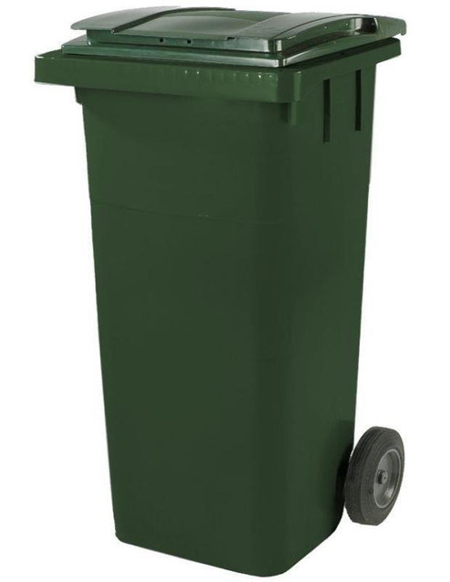 CW Office ValueX Wheelie Bin Green 240L, a large green plastic wheeled trash bin with a lid for waste disposal.