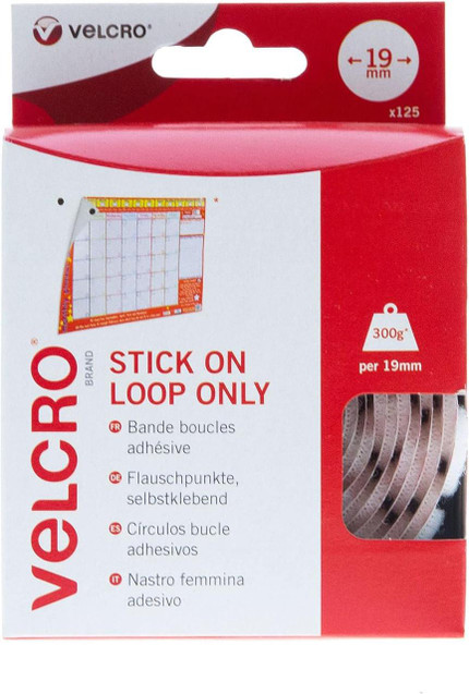 Velcro 125 Loop Only Coins, 19mm adhesive hook-and-loop fastener tape in red packaging for office and craft use.