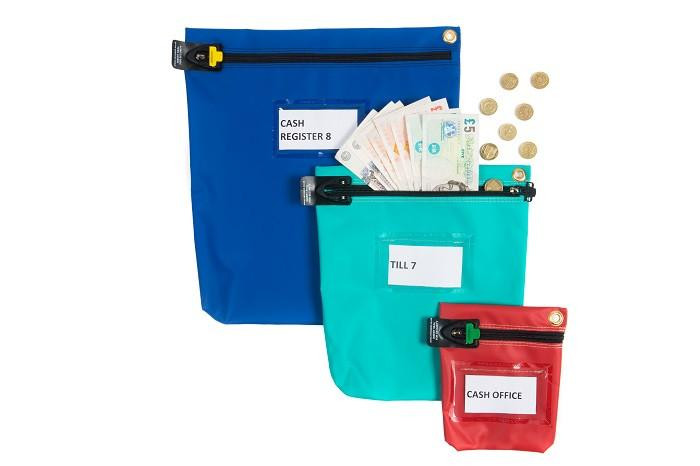 CW Office Versapak Secure Cash Bag T2 Small Blue, blue cash bag with zip closure, coins and banknotes surrounding it, used for secure cash handling and storage.