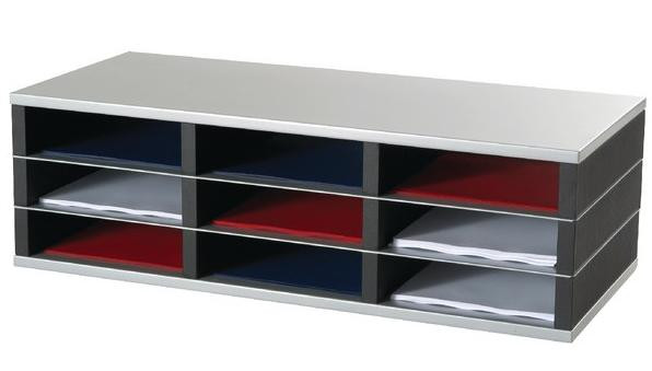 CW Office 9 Compartment A4 Mailsorter, multi-section organizational mail and document storage unit with 9 compartments in blue, red, and white for office organization.