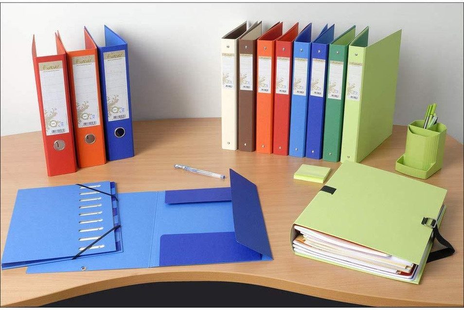 CW Office Forever LAF PremTouch A4 80mm BK PK10, set of colorful document binders and office supplies on a desk.