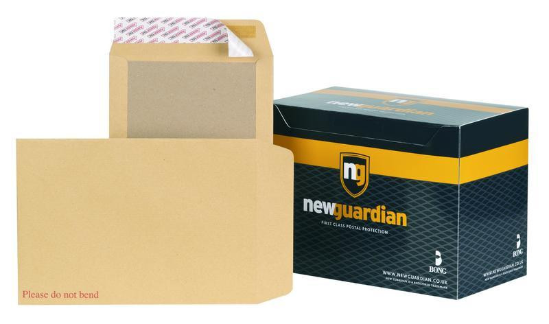 CW Office Heavyweight Board, brown kraft mailing and storage box with an open flap and a black and yellow box from New Guardian for postal protection.