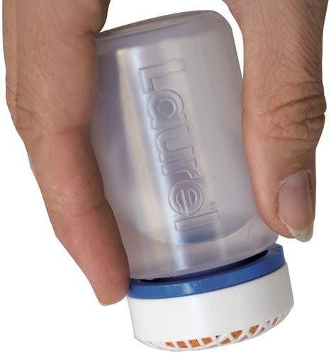 CW Office Laurel Phemix Envelope Moistener 60L, hand pressing down on the small, cylindrical envelope moistener device with a blue and white base.