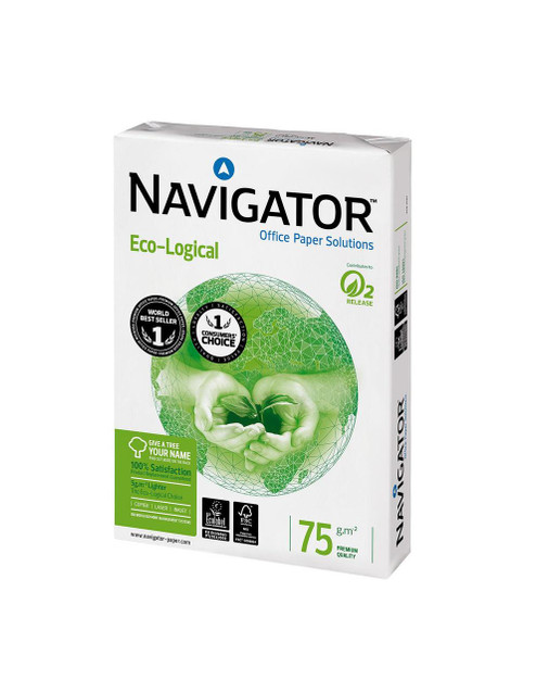 CW Office Navigator Eco 75gsm A4 BX10 reams, eco-friendly office paper with green-themed packaging, 75 grams per square meter in a white box with green and blue accents.