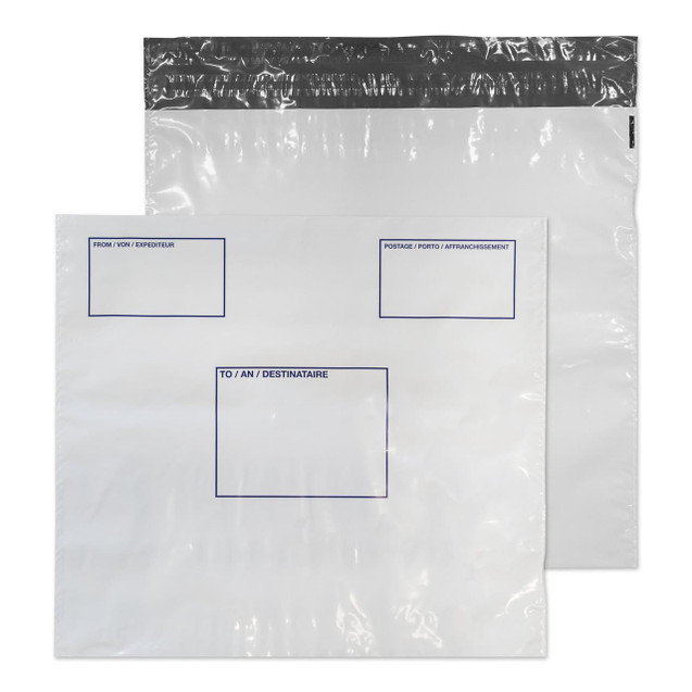 CW Office Polypost Envelopes & Address Panel PK100, transparent polypost envelopes with blue printed address panels for mailing and shipping.