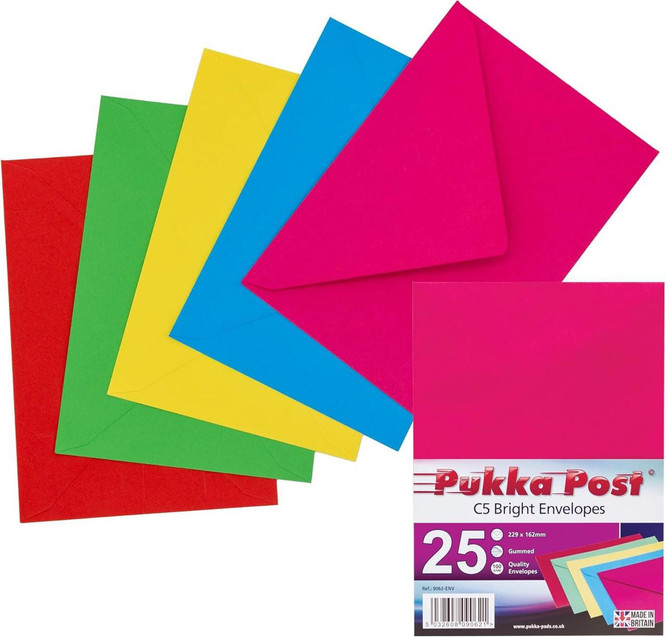 CW Office Pukka Post C5 Bright Envelopes Pack 25, colorful assorted bright envelopes in red, green, yellow, blue, and pink colors with packaging showing the product details.