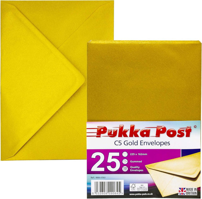 CW Office Pukka Post C5 Gold Envelopes Pack 25, image of a pack of gold-colored C5 envelopes with their packaging showing the product details.