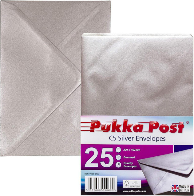 CW Office Pukka Post C5 Silver Envelopes Pack 25, image of 25 silver envelopes with a matching envelope and packaging featuring product details.