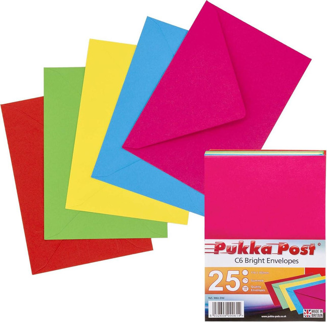 CW Office Pukka Post C6 Bright Envelopes Pack 25, colorful assorted bright envelopes in red, green, yellow, blue, and pink with a product label.