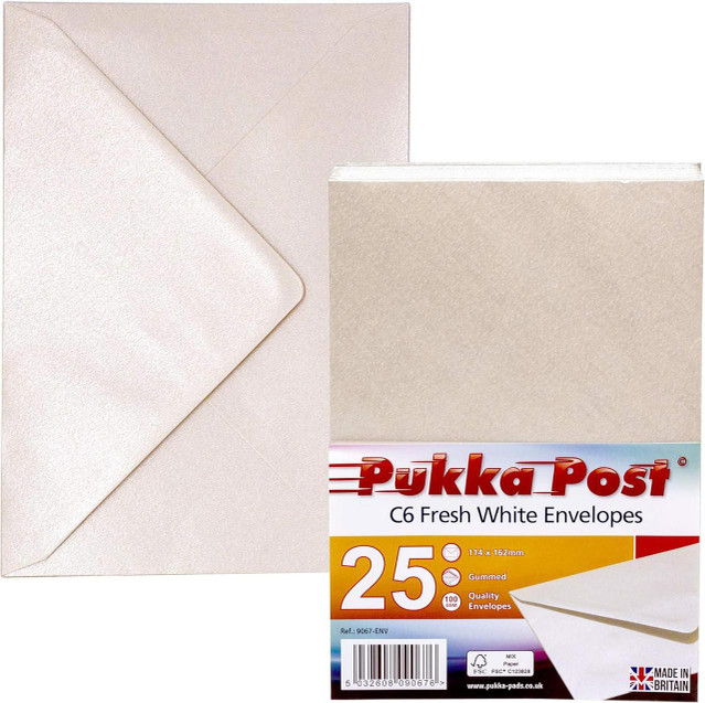 CW Office Pukka Post C6 Fresh White Envelopes PK25, image shows a pack of 25 fresh white C6 size envelopes with adhesive closures and textured surface, with an open envelope revealing the flap.