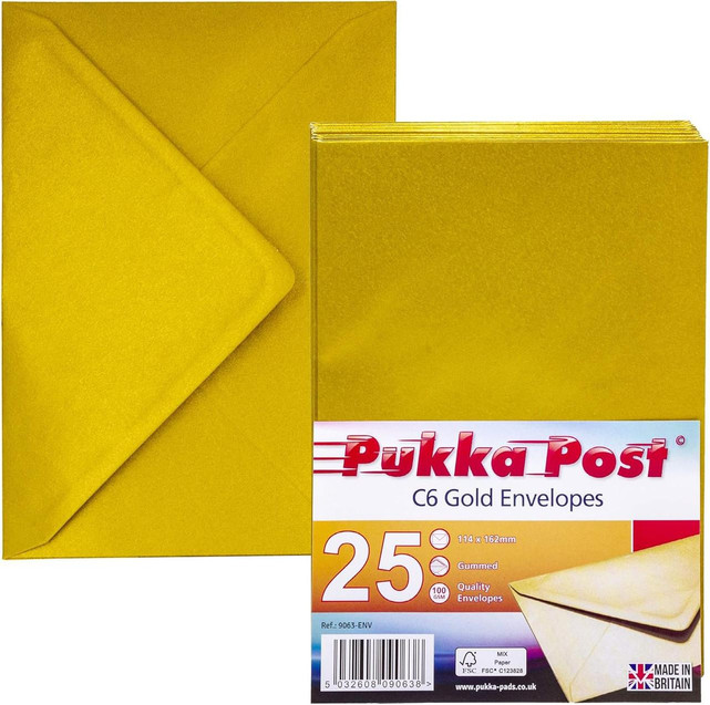 CW Office Pukka Post C6 Gold Envelopes Pack 25, image of a pack of 25 gold C6 envelopes with matching note paper.